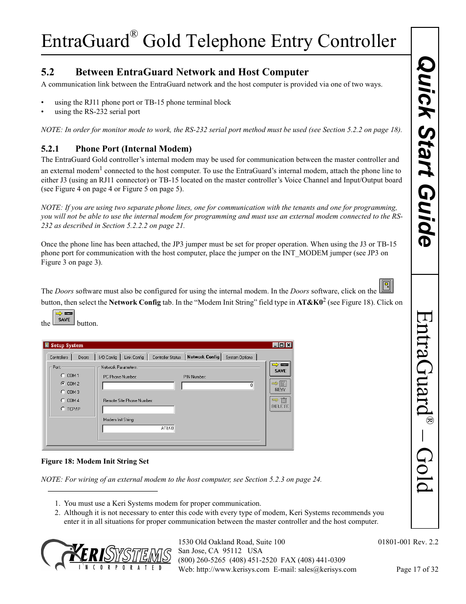 2 between entraguard network and host computer, 1 phone port (internal modem), Gold quick s tart guide | Entraguard, Gold telephone entry controller | Keri Systems EntraGuard Gold Quick Start User Manual | Page 17 / 32