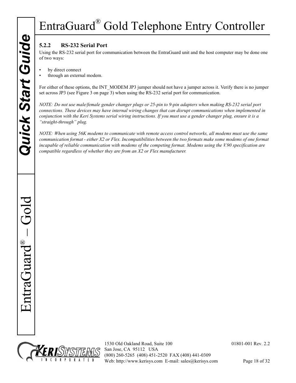 2 rs-232 serial port, Quick s tart guide entraguard, Gold | Entraguard, Gold telephone entry controller | Keri Systems EntraGuard Gold Quick Start User Manual | Page 18 / 32