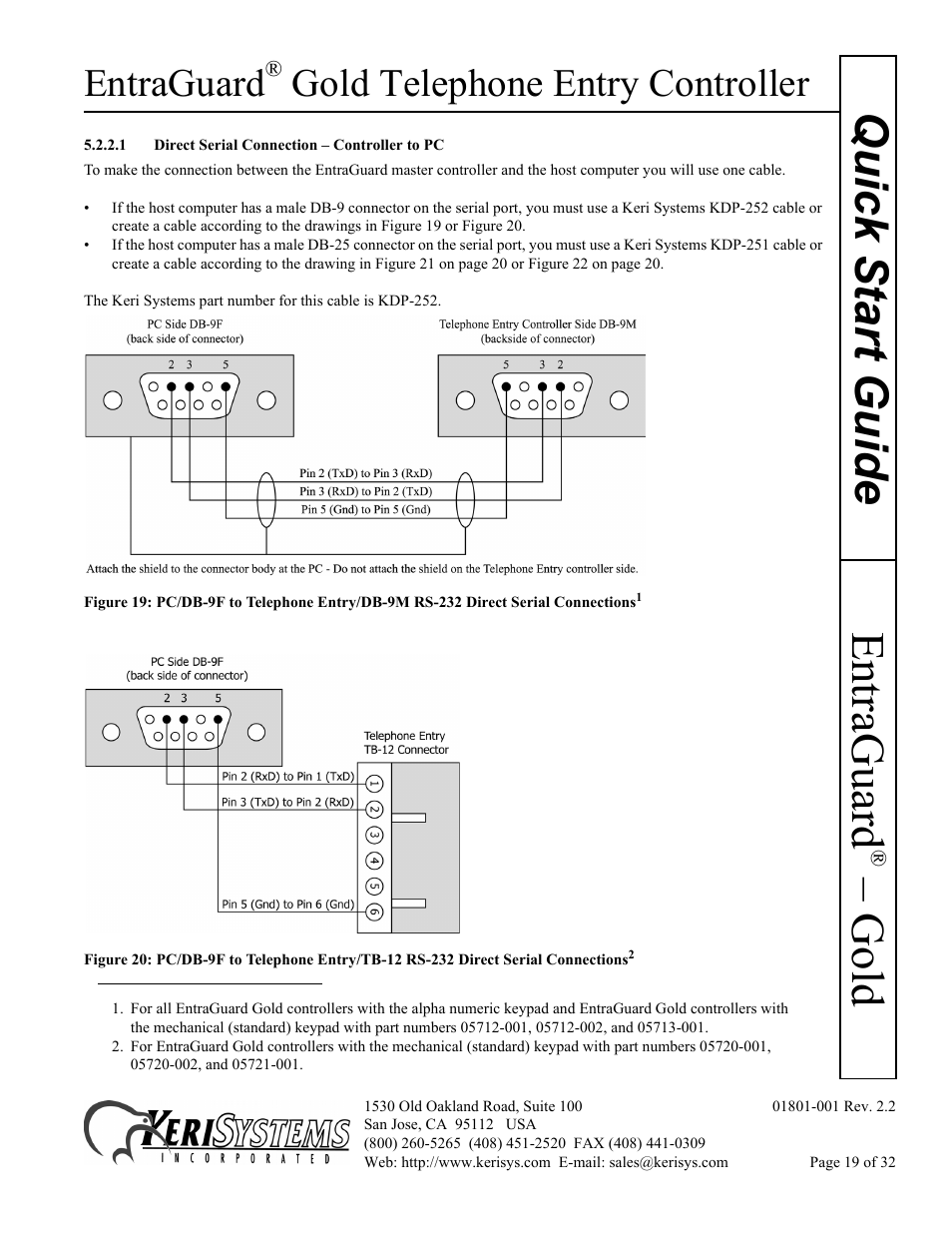 1 direct serial connection - controller to pc, Gold quick s tart guide, Entraguard | Gold telephone entry controller | Keri Systems EntraGuard Gold Quick Start User Manual | Page 19 / 32