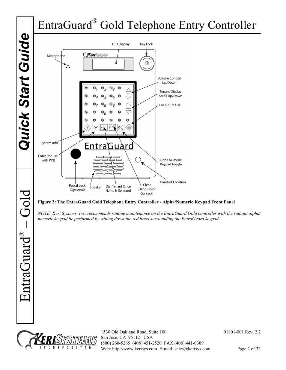 Quick s tart guide entraguard, Gold, Entraguard | Gold telephone entry controller | Keri Systems EntraGuard Gold Quick Start User Manual | Page 2 / 32