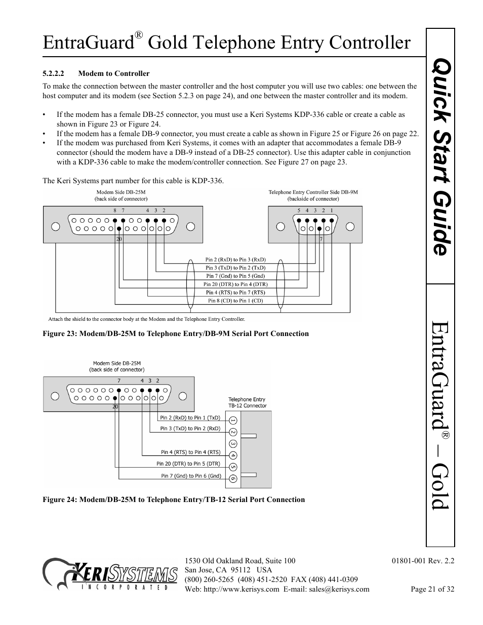 2 modem to controller, Gold quick s tart guide, Entraguard | Gold telephone entry controller | Keri Systems EntraGuard Gold Quick Start User Manual | Page 21 / 32