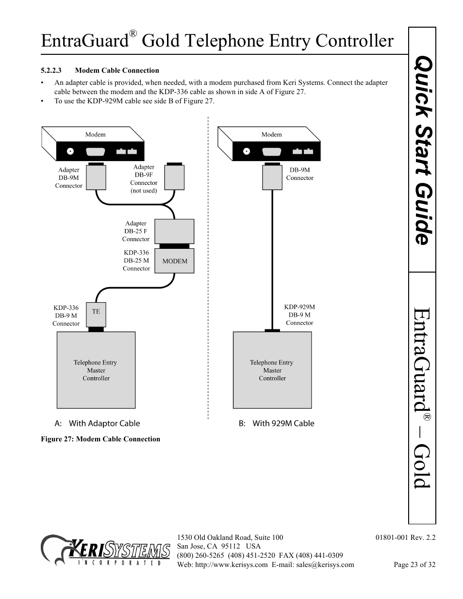 3 modem cable connection, Gold quick s tart guide, Entraguard | Gold telephone entry controller | Keri Systems EntraGuard Gold Quick Start User Manual | Page 23 / 32