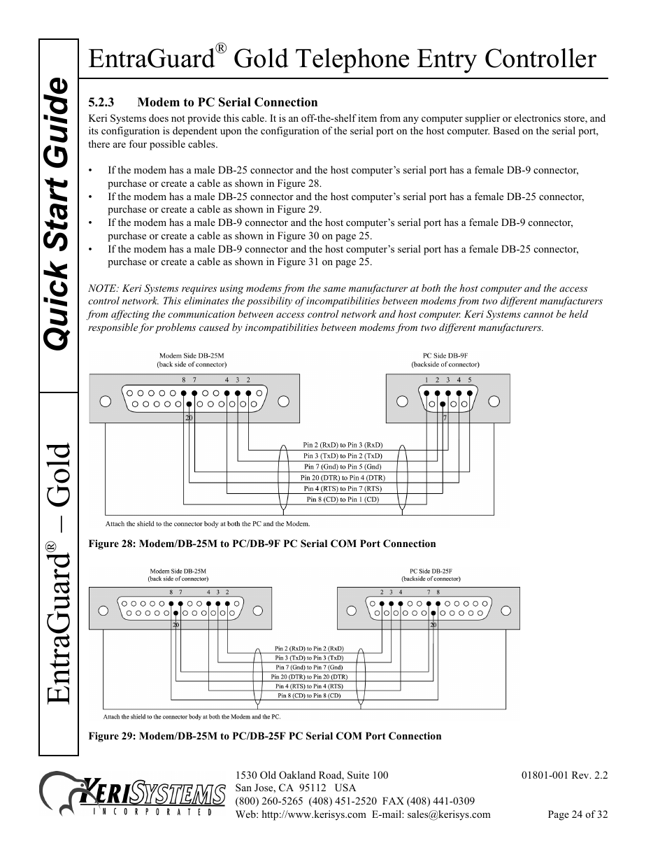 3 modem to pc serial connection, Quick s tart guide entraguard, Gold | Entraguard, Gold telephone entry controller | Keri Systems EntraGuard Gold Quick Start User Manual | Page 24 / 32