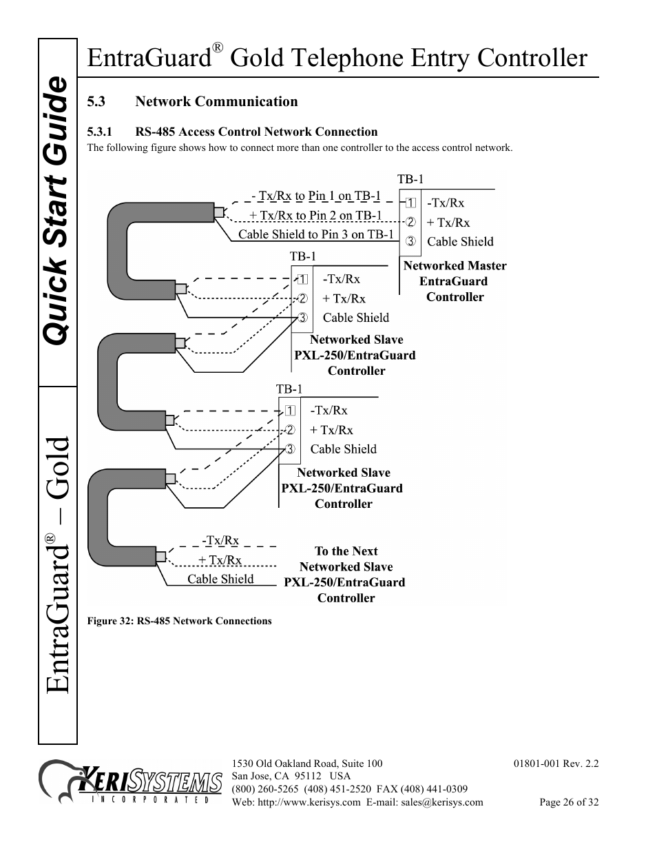 3 network communication, 1 rs-485 access control network connection, Quick s tart guide entraguard | Gold, Entraguard, Gold telephone entry controller | Keri Systems EntraGuard Gold Quick Start User Manual | Page 26 / 32