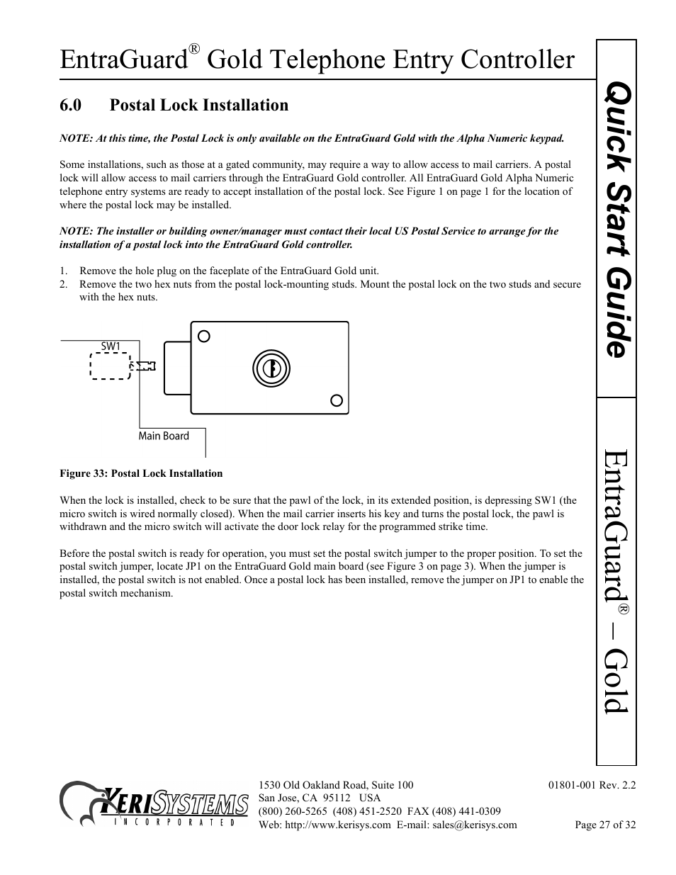 0 postal lock installation, Gold quick s tart guide, Entraguard | Gold telephone entry controller | Keri Systems EntraGuard Gold Quick Start User Manual | Page 27 / 32