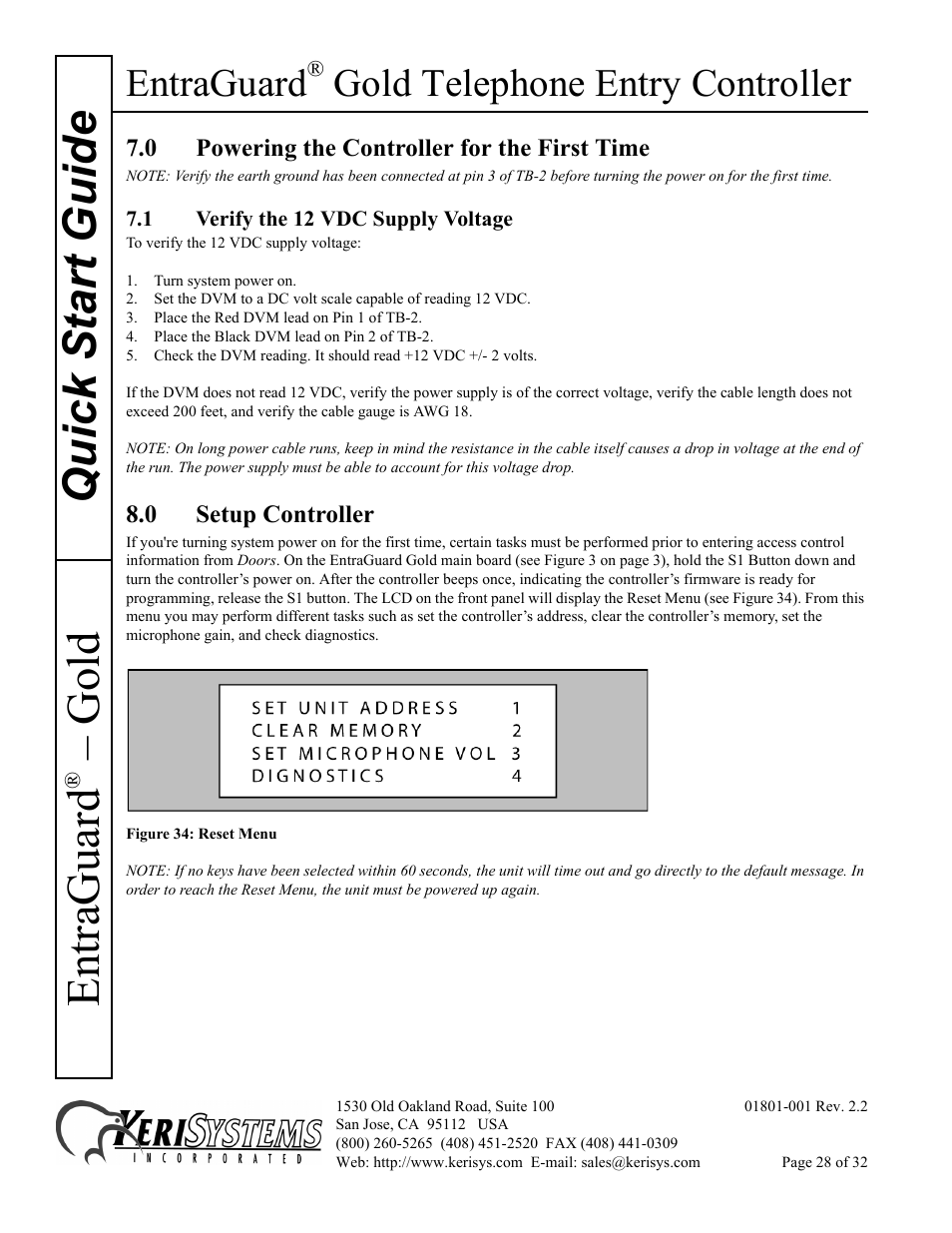 0 powering the controller for the first time, 1 verify the 12 vdc supply voltage, 0 setup controller | Quick s tart guide entraguard, Gold, Entraguard, Gold telephone entry controller | Keri Systems EntraGuard Gold Quick Start User Manual | Page 28 / 32