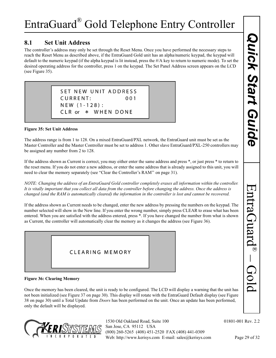 1 set unit address, Gold quick s tart guide, Entraguard | Gold telephone entry controller | Keri Systems EntraGuard Gold Quick Start User Manual | Page 29 / 32