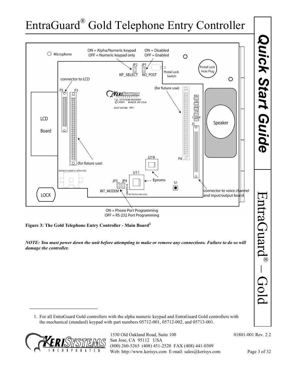 Gold quick s tart guide, Entraguard, Gold telephone entry controller | Keri Systems EntraGuard Gold Quick Start User Manual | Page 3 / 32