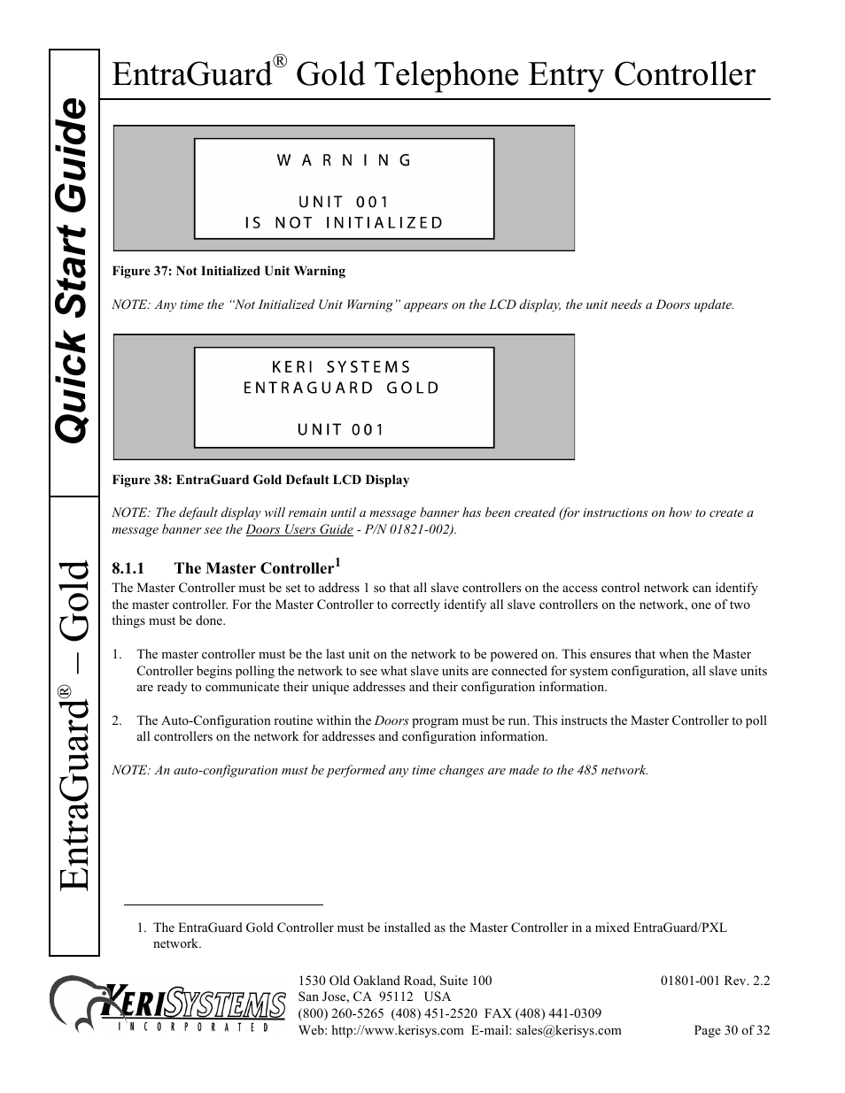 1 the master controller, Quick s tart guide entraguard, Gold | Entraguard, Gold telephone entry controller | Keri Systems EntraGuard Gold Quick Start User Manual | Page 30 / 32