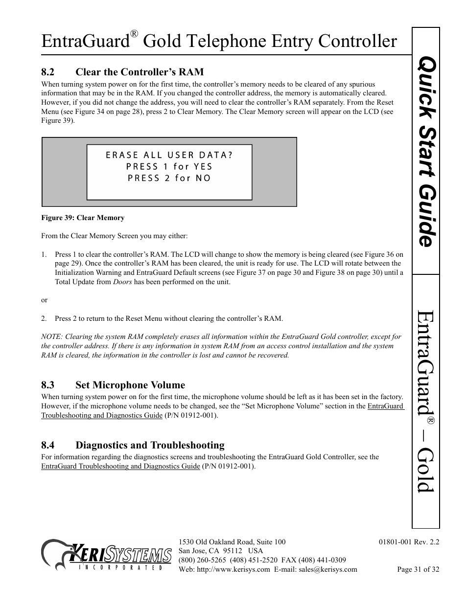 2 clear the controller’s ram, 3 set microphone volume, 4 diagnostics and troubleshooting | Gold quick s tart guide, Entraguard, Gold telephone entry controller | Keri Systems EntraGuard Gold Quick Start User Manual | Page 31 / 32