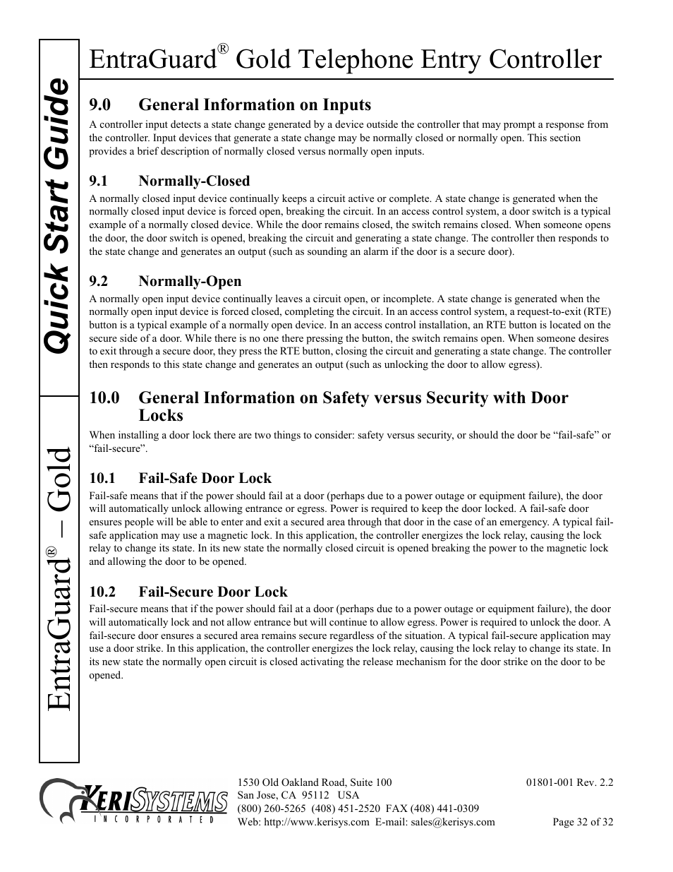 0 general information on inputs, 1 normally-closed, 2 normally-open | 1 fail-safe door lock, 2 fail-secure door lock, Quick s tart guide entraguard, Gold, Entraguard, Gold telephone entry controller | Keri Systems EntraGuard Gold Quick Start User Manual | Page 32 / 32