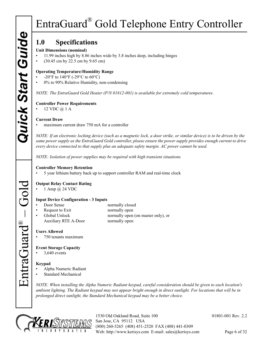 0 specifications, Quick s tart guide entraguard, Gold | Entraguard, Gold telephone entry controller | Keri Systems EntraGuard Gold Quick Start User Manual | Page 6 / 32