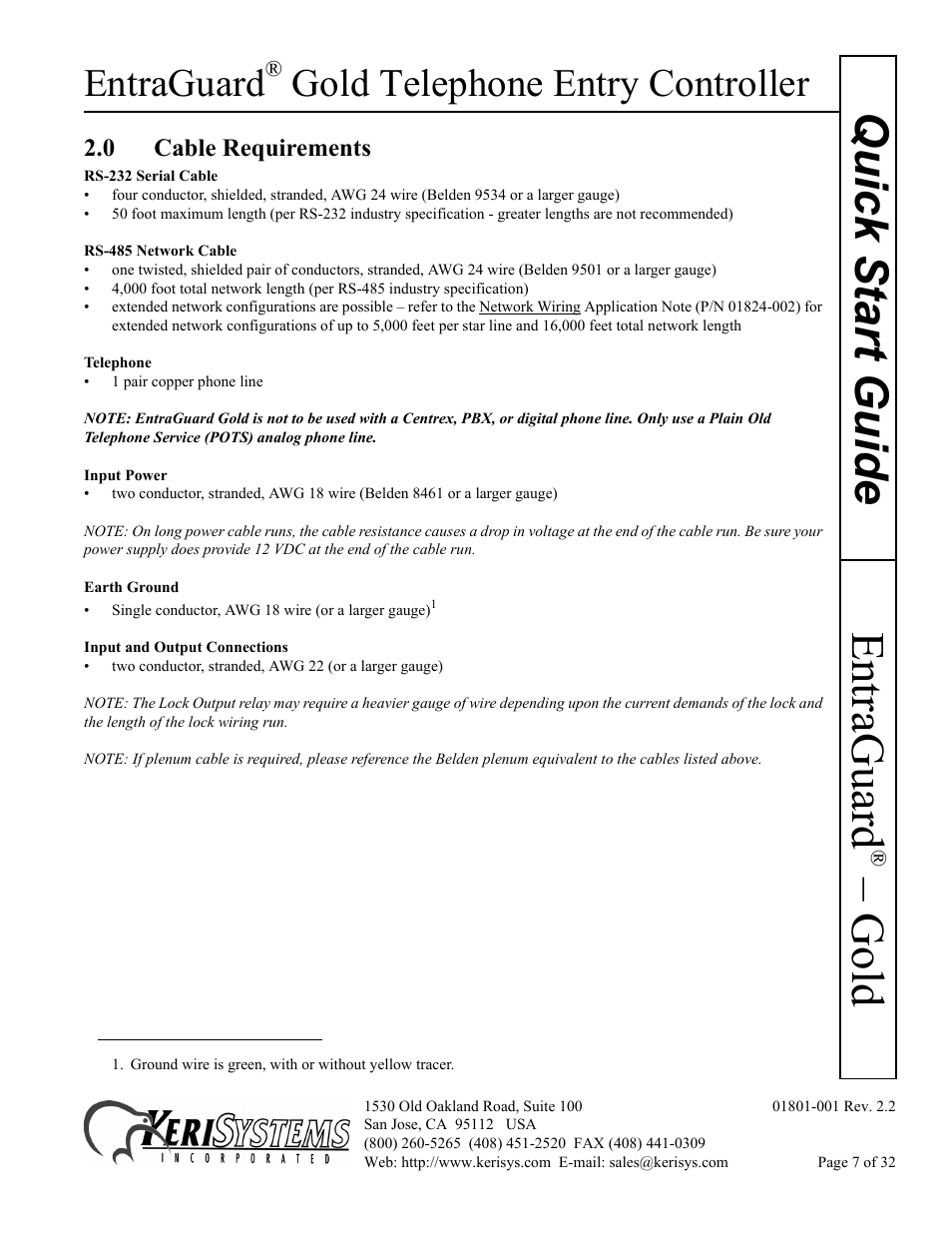 0 cable requirements, Gold quick s tart guide, Entraguard | Gold telephone entry controller | Keri Systems EntraGuard Gold Quick Start User Manual | Page 7 / 32