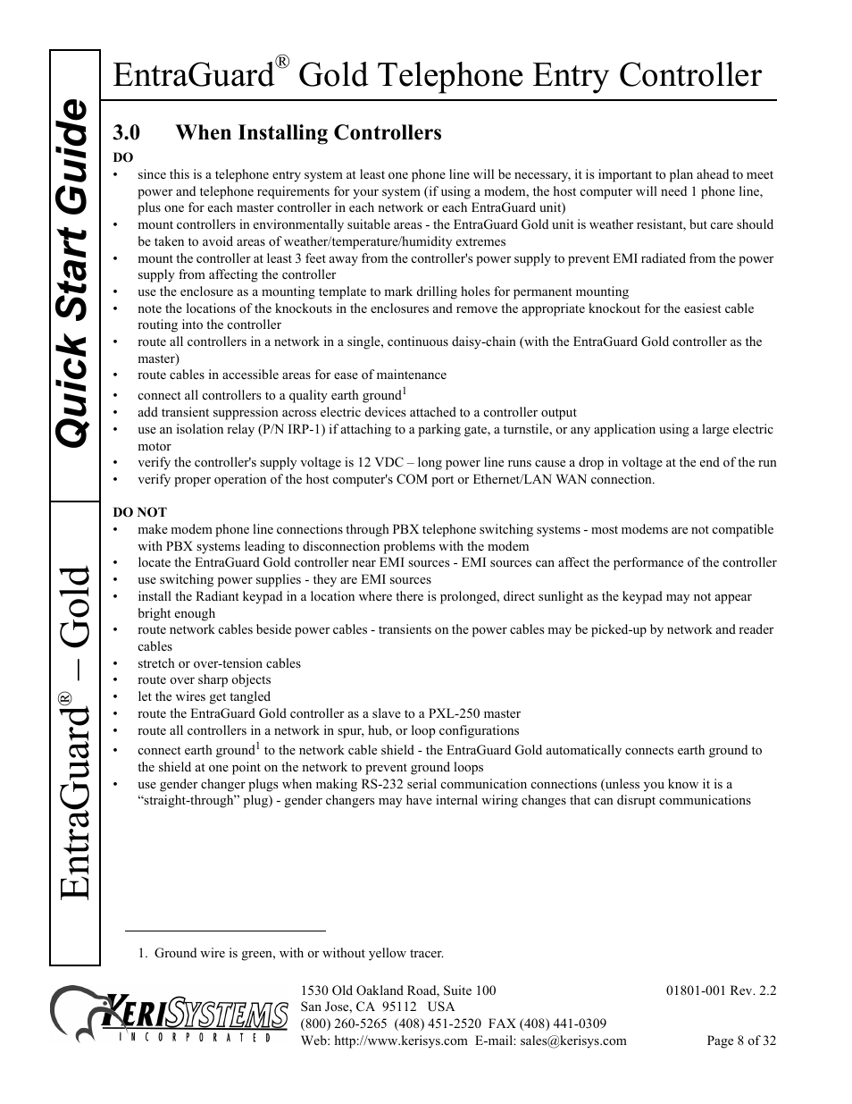 0 when installing controllers, Quick s tart guide entraguard, Gold | Entraguard, Gold telephone entry controller | Keri Systems EntraGuard Gold Quick Start User Manual | Page 8 / 32