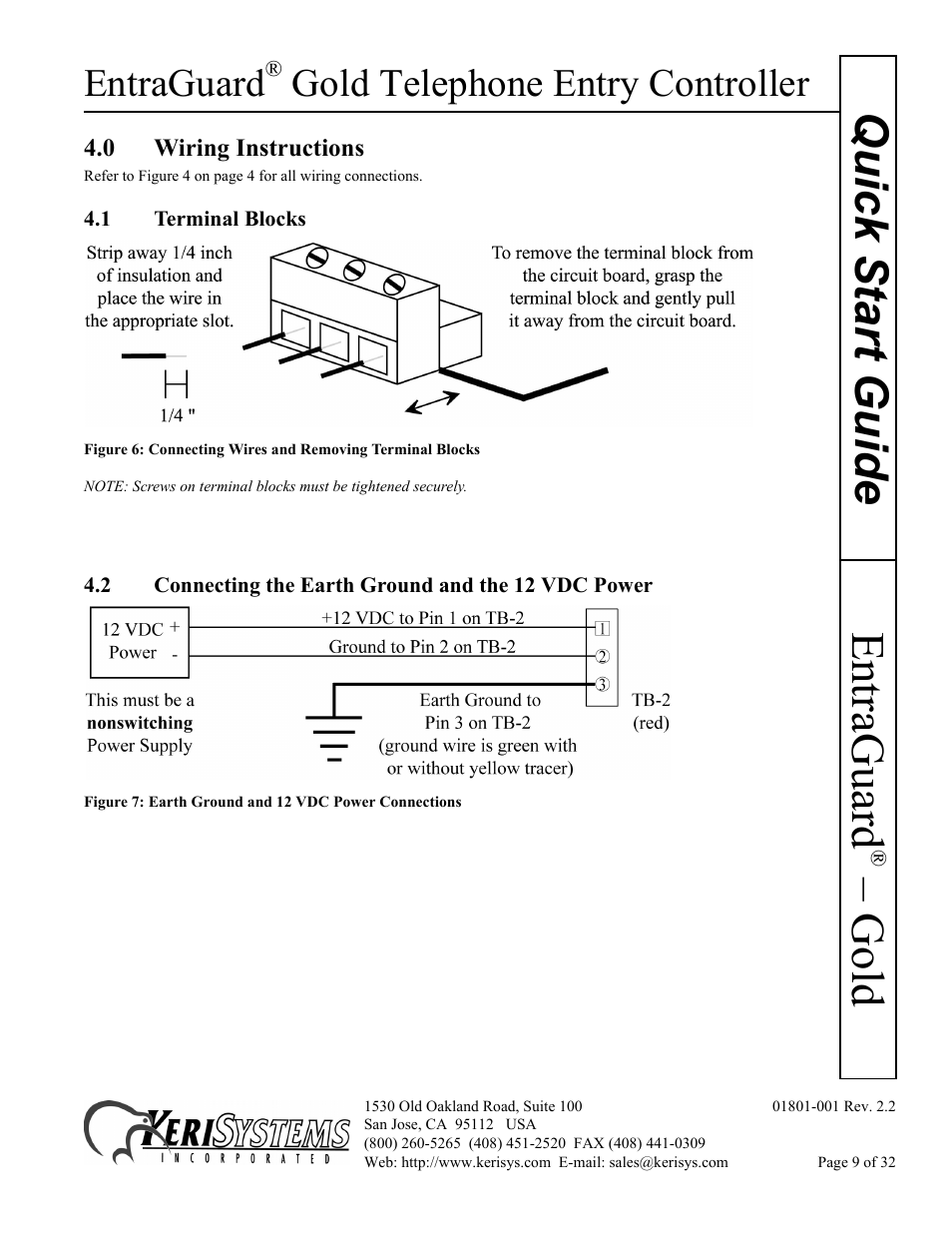 0 wiring instructions, 1 terminal blocks, 2 connecting the earth ground and the 12 vdc power | Gold quick s tart guide, Entraguard, Gold telephone entry controller | Keri Systems EntraGuard Gold Quick Start User Manual | Page 9 / 32