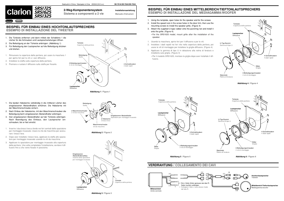 Verdrahtung / collegamento dei cavi | Clarion SRS1725 User Manual | Page 2 / 2