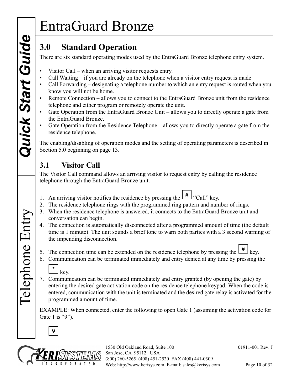 0 standard operation, 1 visitor call, Entraguard bronze | Quick s tart guide telephone entry | Keri Systems EntraGuard Bronze Quick Start User Manual | Page 10 / 32