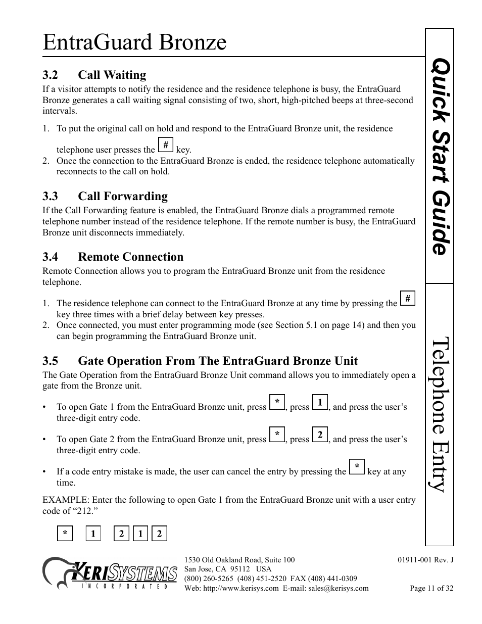 2 call waiting, 3 call forwarding, 4 remote connection | 5 gate operation from the entraguard bronze unit, Entraguard bronze, Telephone entry quick s tart guide | Keri Systems EntraGuard Bronze Quick Start User Manual | Page 11 / 32