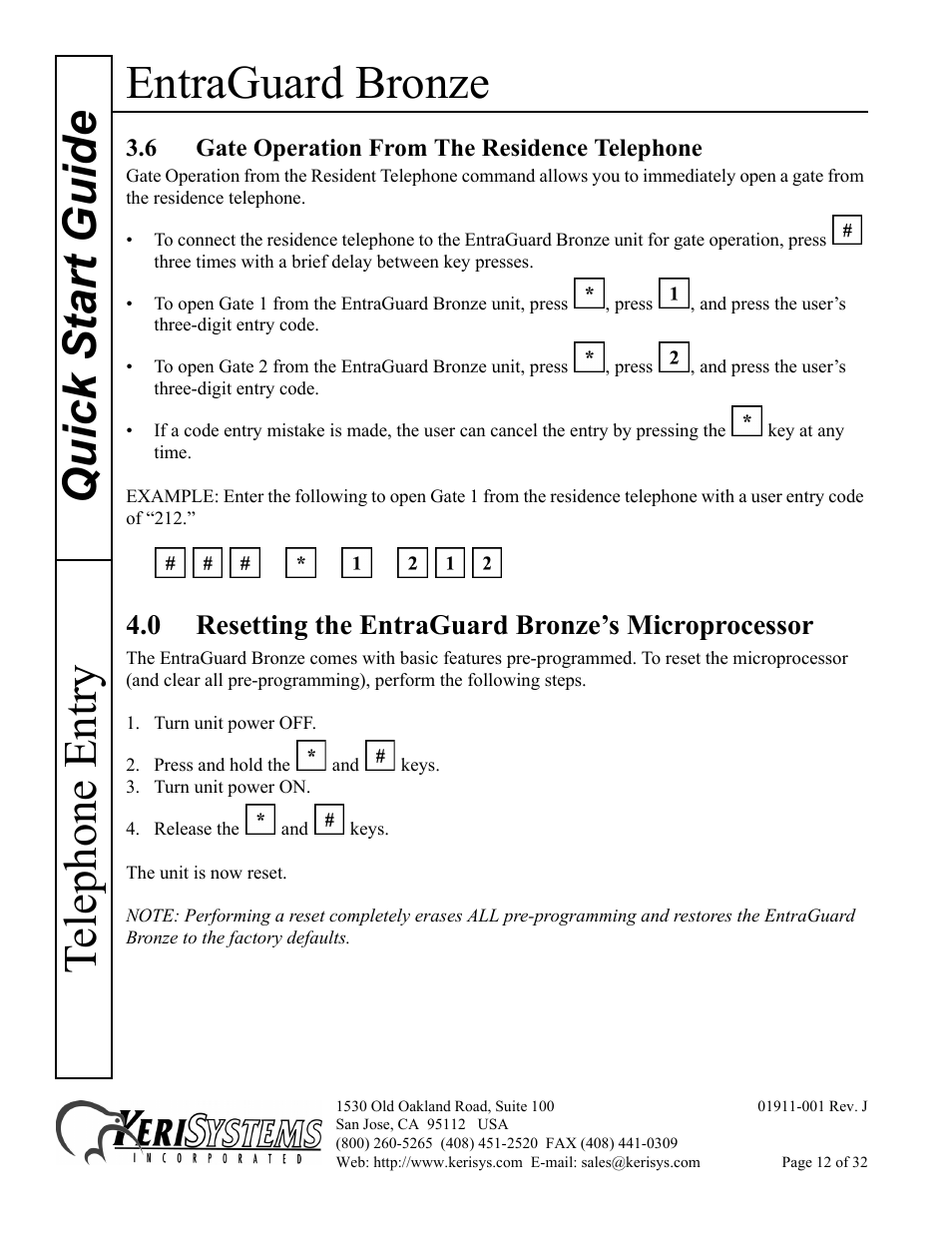 6 gate operation from the residence telephone, 0 resetting the entraguard bronze’s microprocessor, Entraguard bronze | Quick s tart guide telephone entry | Keri Systems EntraGuard Bronze Quick Start User Manual | Page 12 / 32