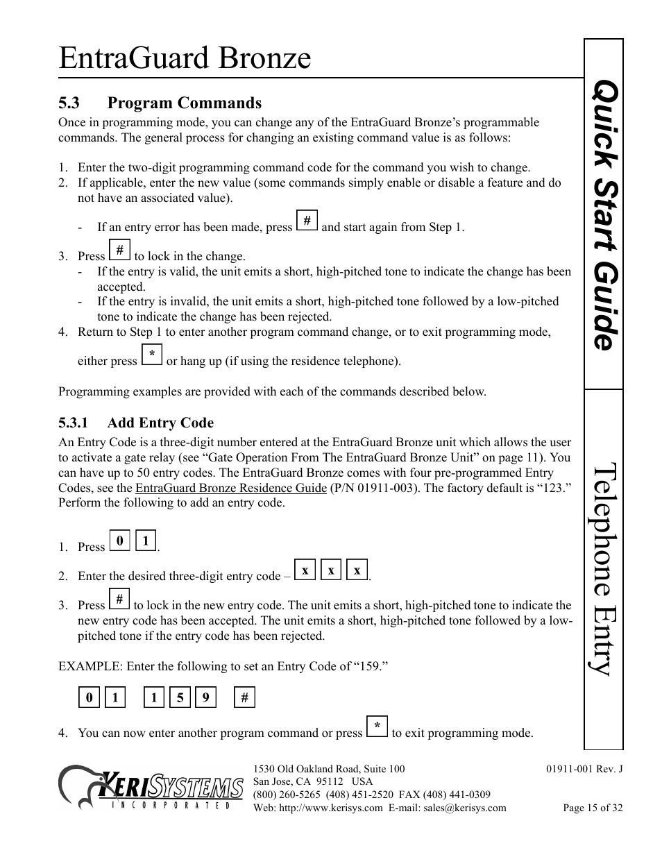 3 program commands, 1 add entry code, Entraguard bronze | Telephone entry quick s tart guide | Keri Systems EntraGuard Bronze Quick Start User Manual | Page 15 / 32