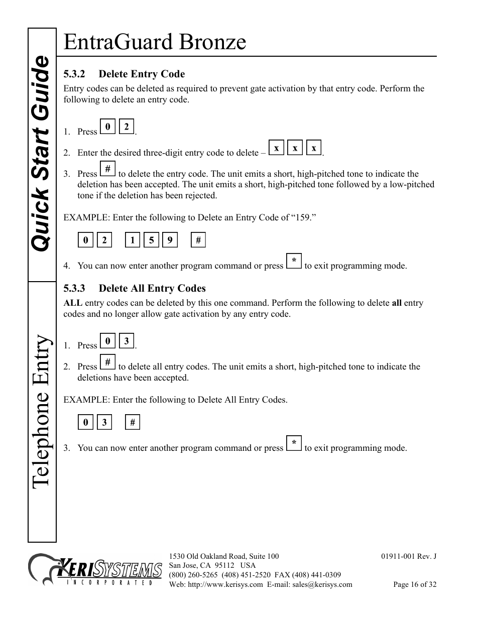 2 delete entry code, 3 delete all entry codes, Entraguard bronze | Quick s tart guide telephone entry | Keri Systems EntraGuard Bronze Quick Start User Manual | Page 16 / 32