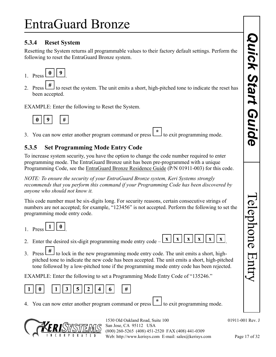 4 reset system, 5 set programming mode entry code, Entraguard bronze | Telephone entry quick s tart guide | Keri Systems EntraGuard Bronze Quick Start User Manual | Page 17 / 32