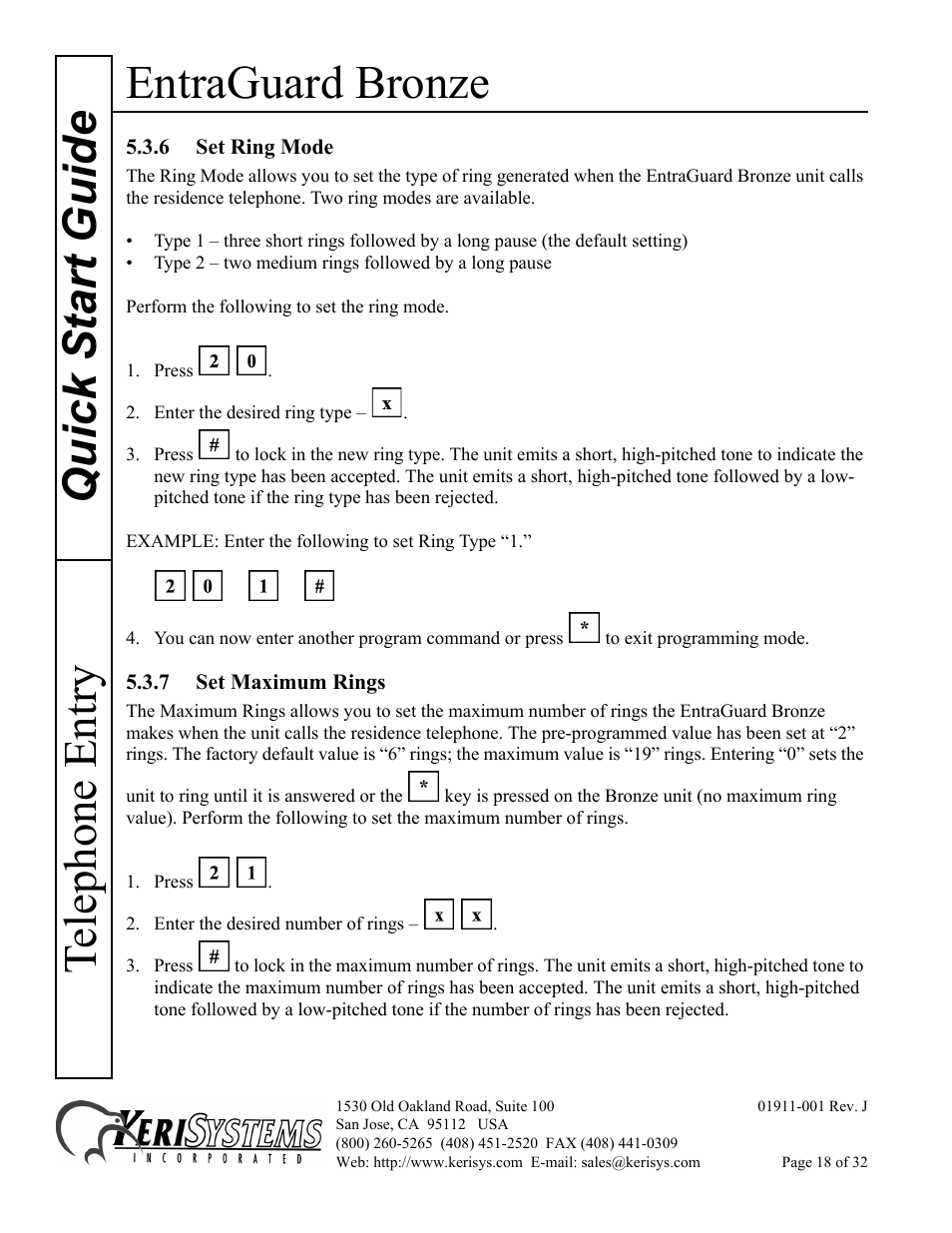 6 set ring mode, 7 set maximum rings, Entraguard bronze | Quick s tart guide telephone entry | Keri Systems EntraGuard Bronze Quick Start User Manual | Page 18 / 32