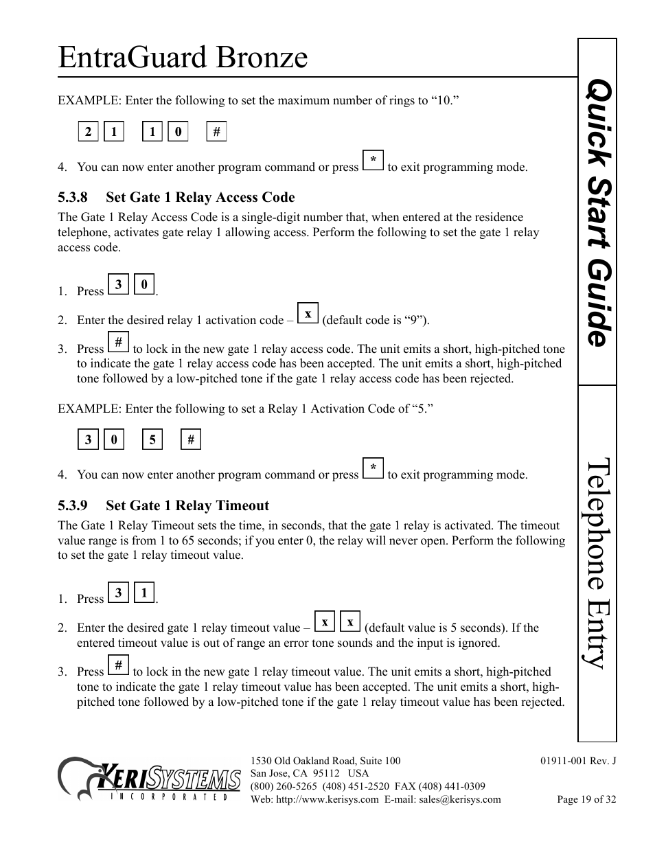 8 set gate 1 relay access code, 9 set gate 1 relay timeout, Entraguard bronze | Telephone entry quick s tart guide | Keri Systems EntraGuard Bronze Quick Start User Manual | Page 19 / 32