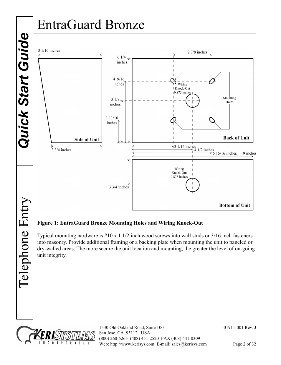 Entraguard bronze, Quick s tart guide telephone entry | Keri Systems EntraGuard Bronze Quick Start User Manual | Page 2 / 32