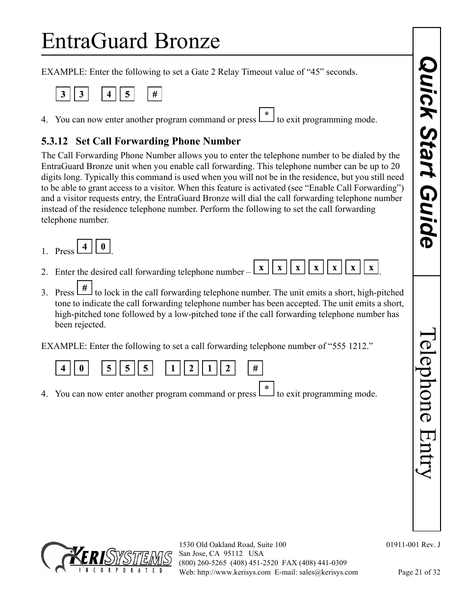 12 set call forwarding phone number, Entraguard bronze, Telephone entry quick s tart guide | Keri Systems EntraGuard Bronze Quick Start User Manual | Page 21 / 32