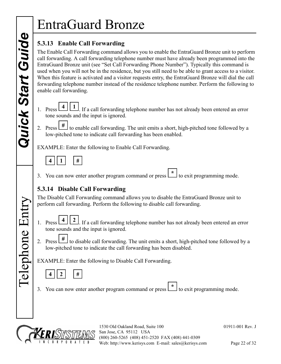 13 enable call forwarding, 14 disable call forwarding, Entraguard bronze | Quick s tart guide telephone entry | Keri Systems EntraGuard Bronze Quick Start User Manual | Page 22 / 32