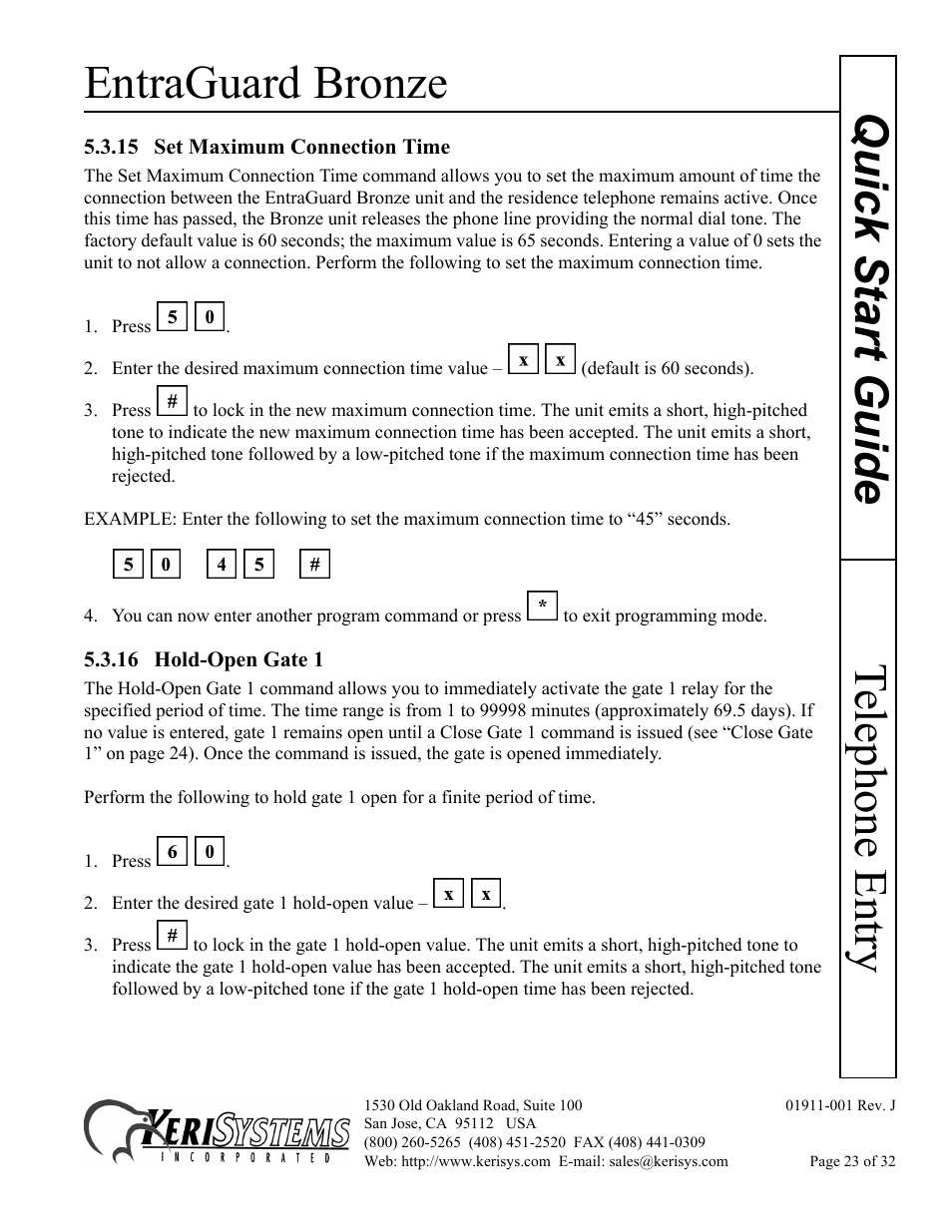 15 set maximum connection time, 16 hold-open gate 1, Entraguard bronze | Telephone entry quick s tart guide | Keri Systems EntraGuard Bronze Quick Start User Manual | Page 23 / 32