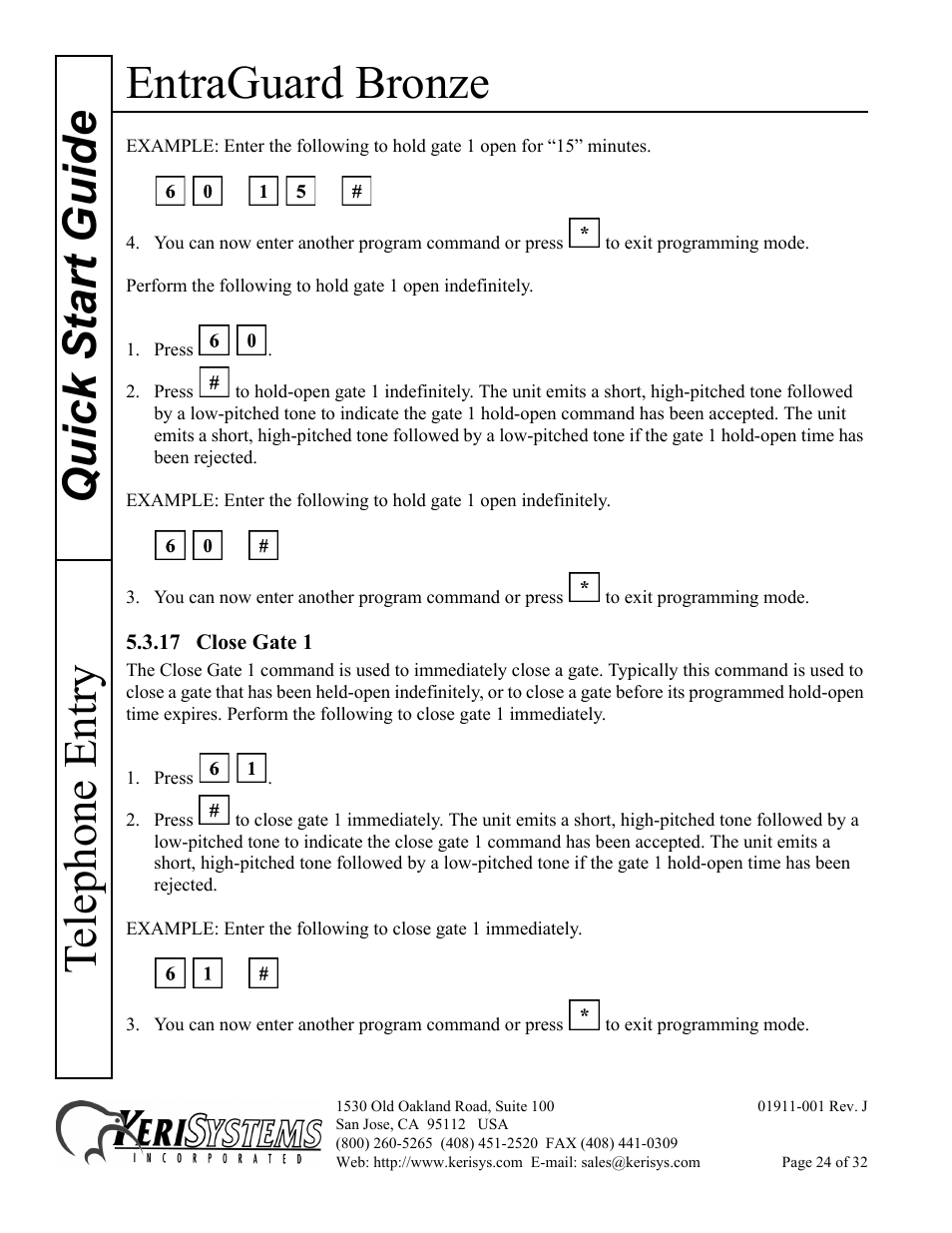 17 close gate 1, Entraguard bronze, Quick s tart guide telephone entry | Keri Systems EntraGuard Bronze Quick Start User Manual | Page 24 / 32