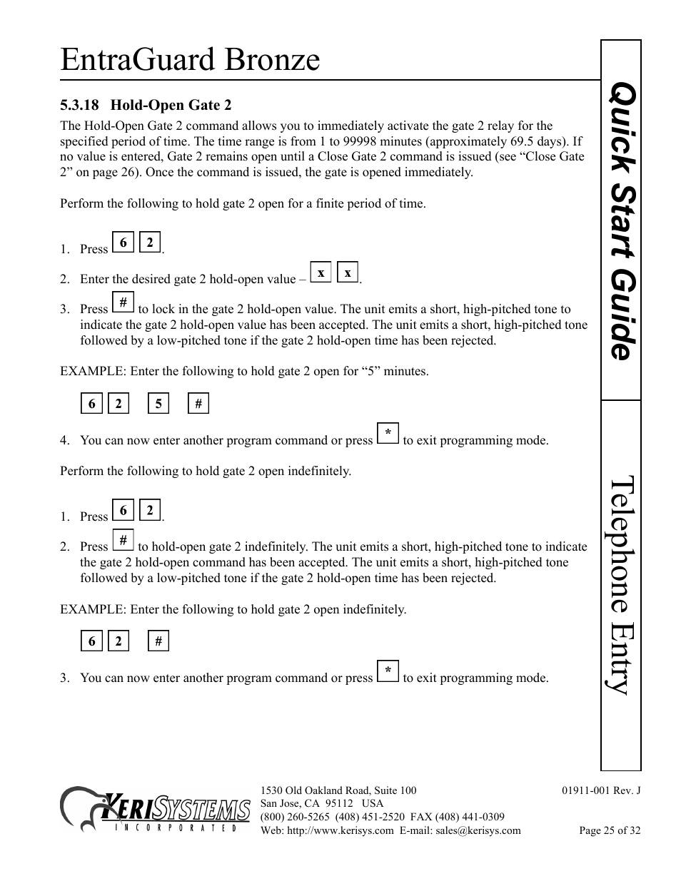 18 hold-open gate 2, Entraguard bronze, Telephone entry quick s tart guide | Keri Systems EntraGuard Bronze Quick Start User Manual | Page 25 / 32