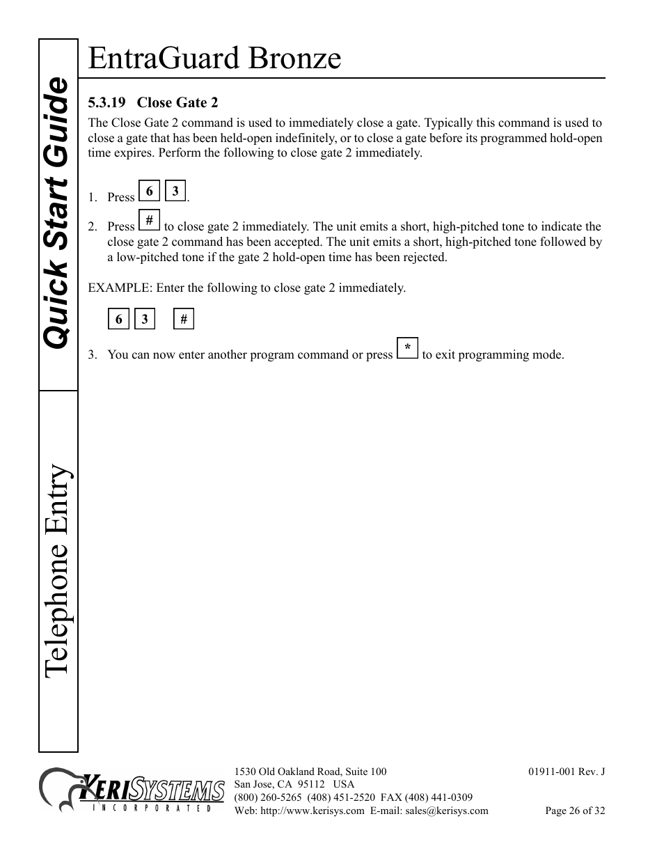 19 close gate 2, Entraguard bronze, Quick s tart guide telephone entry | Keri Systems EntraGuard Bronze Quick Start User Manual | Page 26 / 32