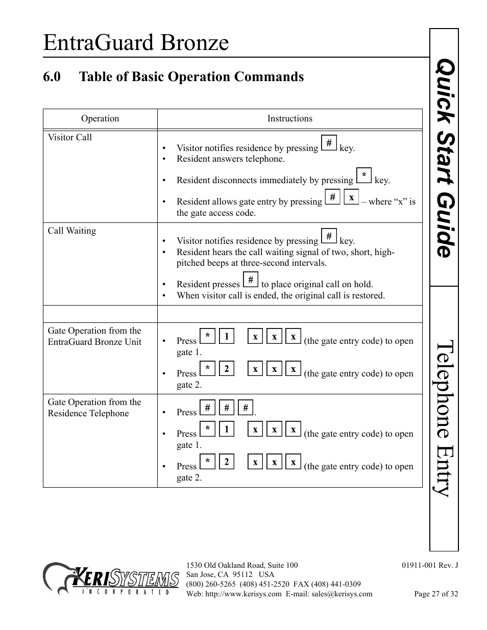 0 table of basic operation commands, Entraguard bronze, Telephone entry quick s tart guide | Keri Systems EntraGuard Bronze Quick Start User Manual | Page 27 / 32