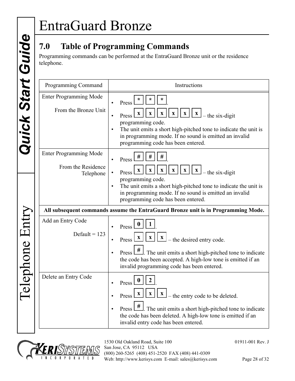 0 table of programming commands, Entraguard bronze, Quick s tart guide telephone entry | Keri Systems EntraGuard Bronze Quick Start User Manual | Page 28 / 32