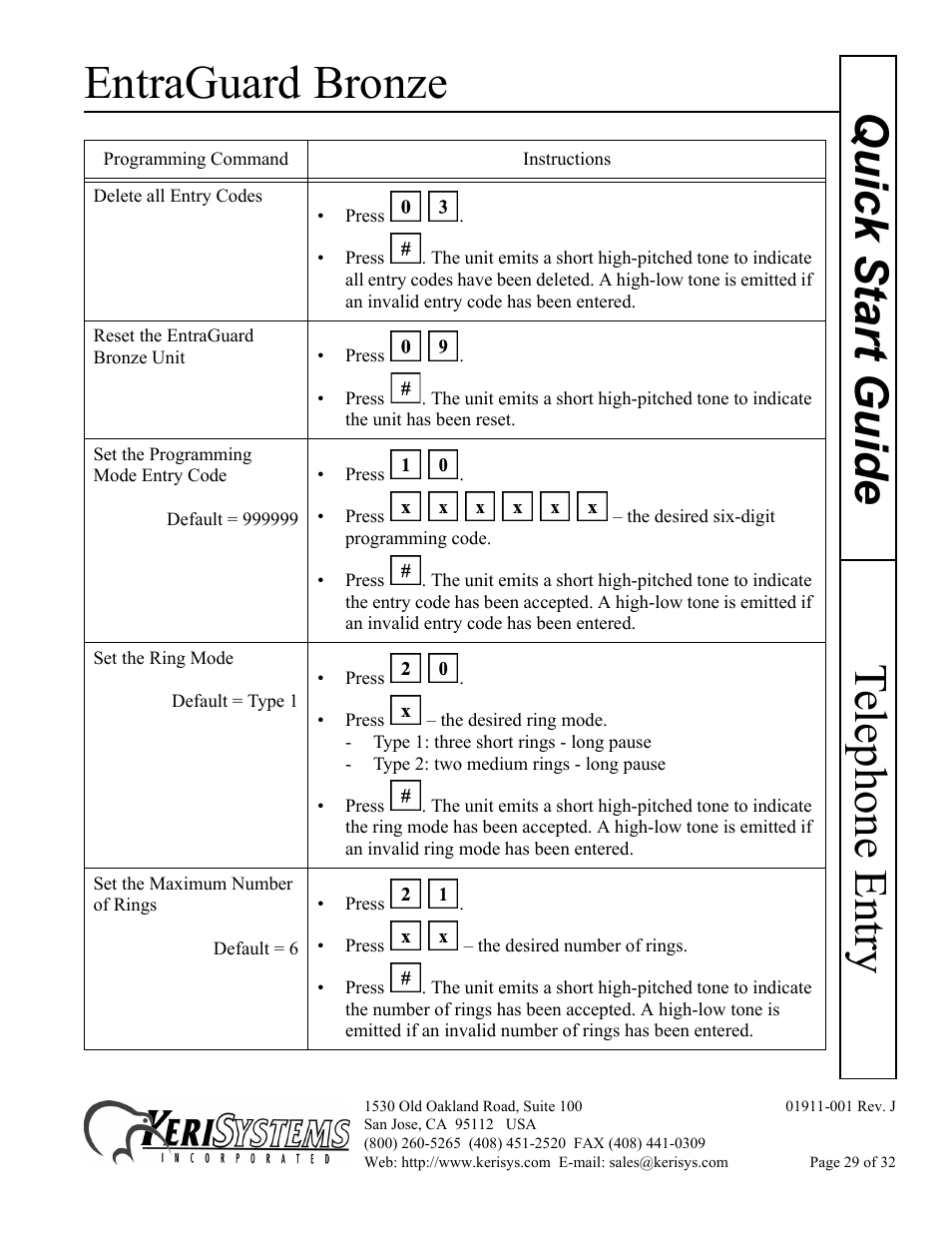 Entraguard bronze, Telephone entry quick s tart guide | Keri Systems EntraGuard Bronze Quick Start User Manual | Page 29 / 32