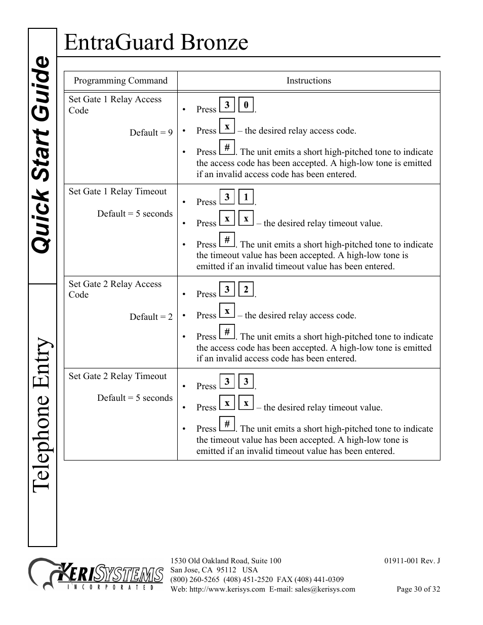 Entraguard bronze, Quick s tart guide telephone entry | Keri Systems EntraGuard Bronze Quick Start User Manual | Page 30 / 32