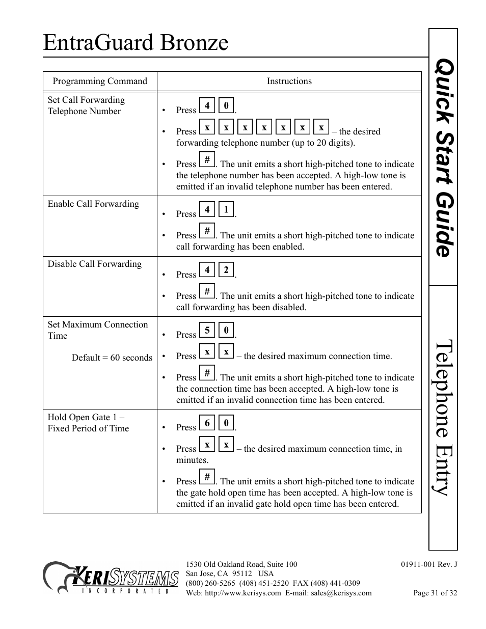 Entraguard bronze, Telephone entry quick s tart guide | Keri Systems EntraGuard Bronze Quick Start User Manual | Page 31 / 32