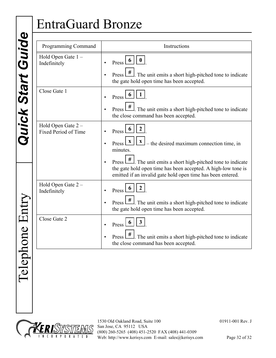 Entraguard bronze, Quick s tart guide telephone entry | Keri Systems EntraGuard Bronze Quick Start User Manual | Page 32 / 32