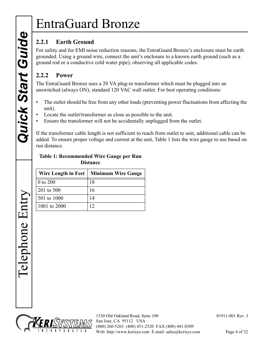 1 earth ground, 2 power, Entraguard bronze | Quick s tart guide telephone entry | Keri Systems EntraGuard Bronze Quick Start User Manual | Page 4 / 32