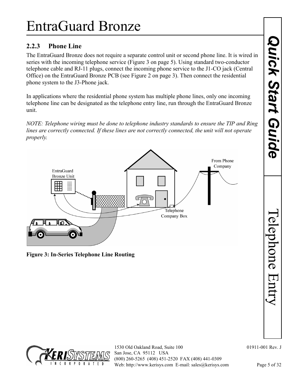 3 phone line, Entraguard bronze, Telephone entry quick s tart guide | Keri Systems EntraGuard Bronze Quick Start User Manual | Page 5 / 32