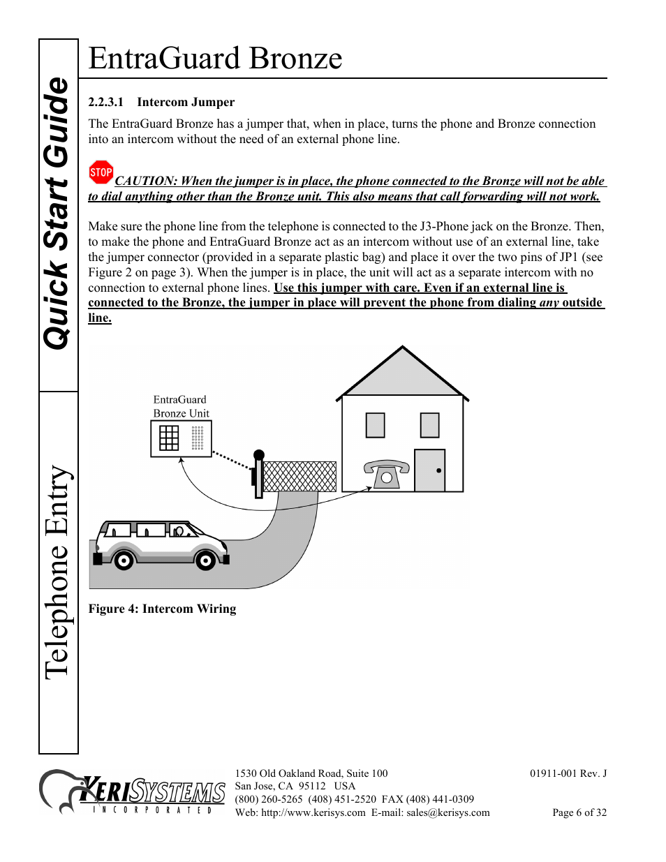 1 intercom jumper, Entraguard bronze, Quick s tart guide telephone entry | Keri Systems EntraGuard Bronze Quick Start User Manual | Page 6 / 32