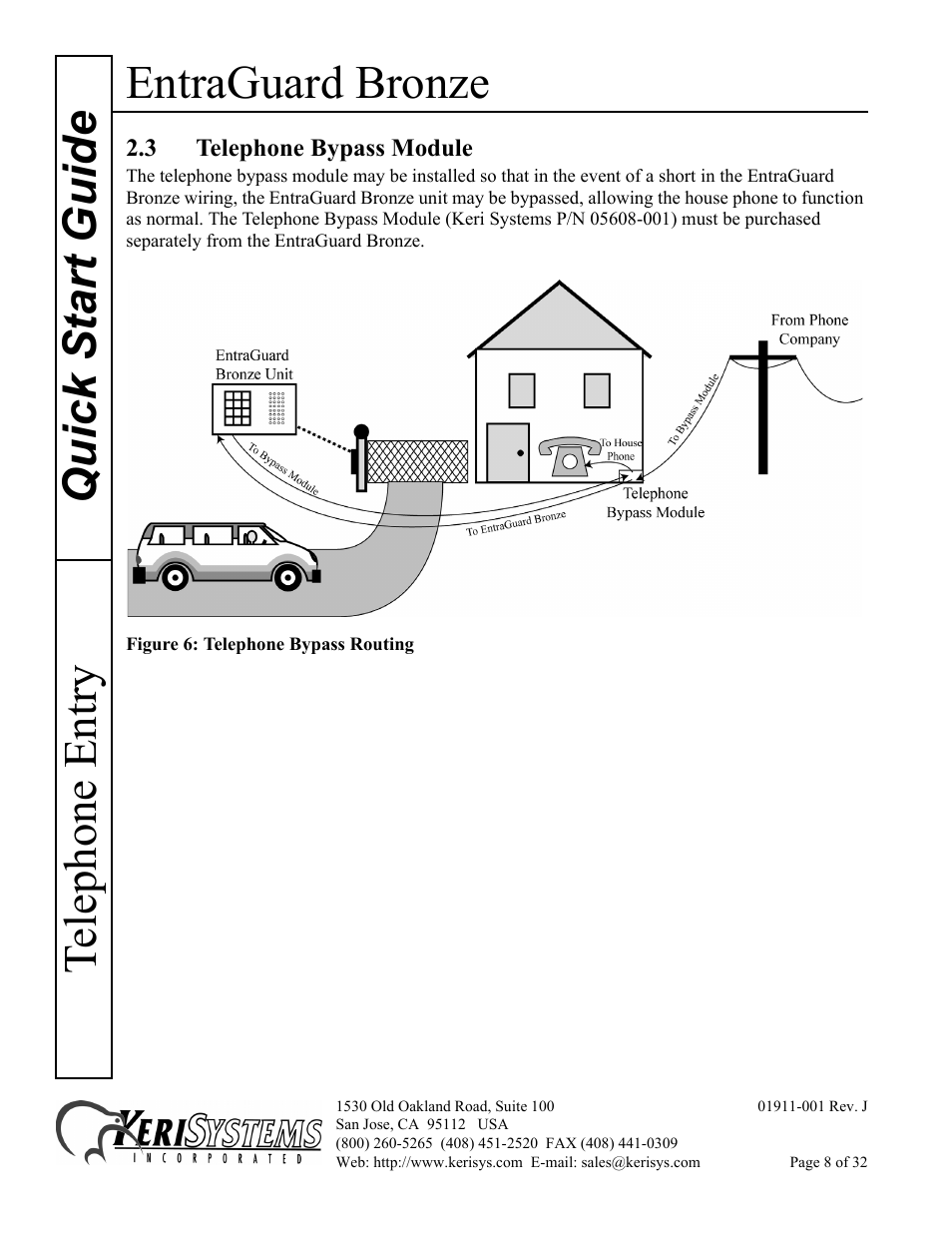 3 telephone bypass module, Entraguard bronze, Quick s tart guide telephone entry | Keri Systems EntraGuard Bronze Quick Start User Manual | Page 8 / 32