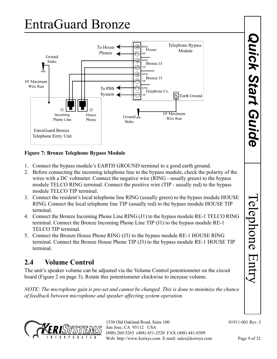 4 volume control, Entraguard bronze, Telephone entry quick s tart guide | Keri Systems EntraGuard Bronze Quick Start User Manual | Page 9 / 32