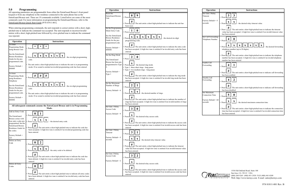 0 programming | Keri Systems EntraGuard Bronze Quick Reference User Manual | Page 2 / 2