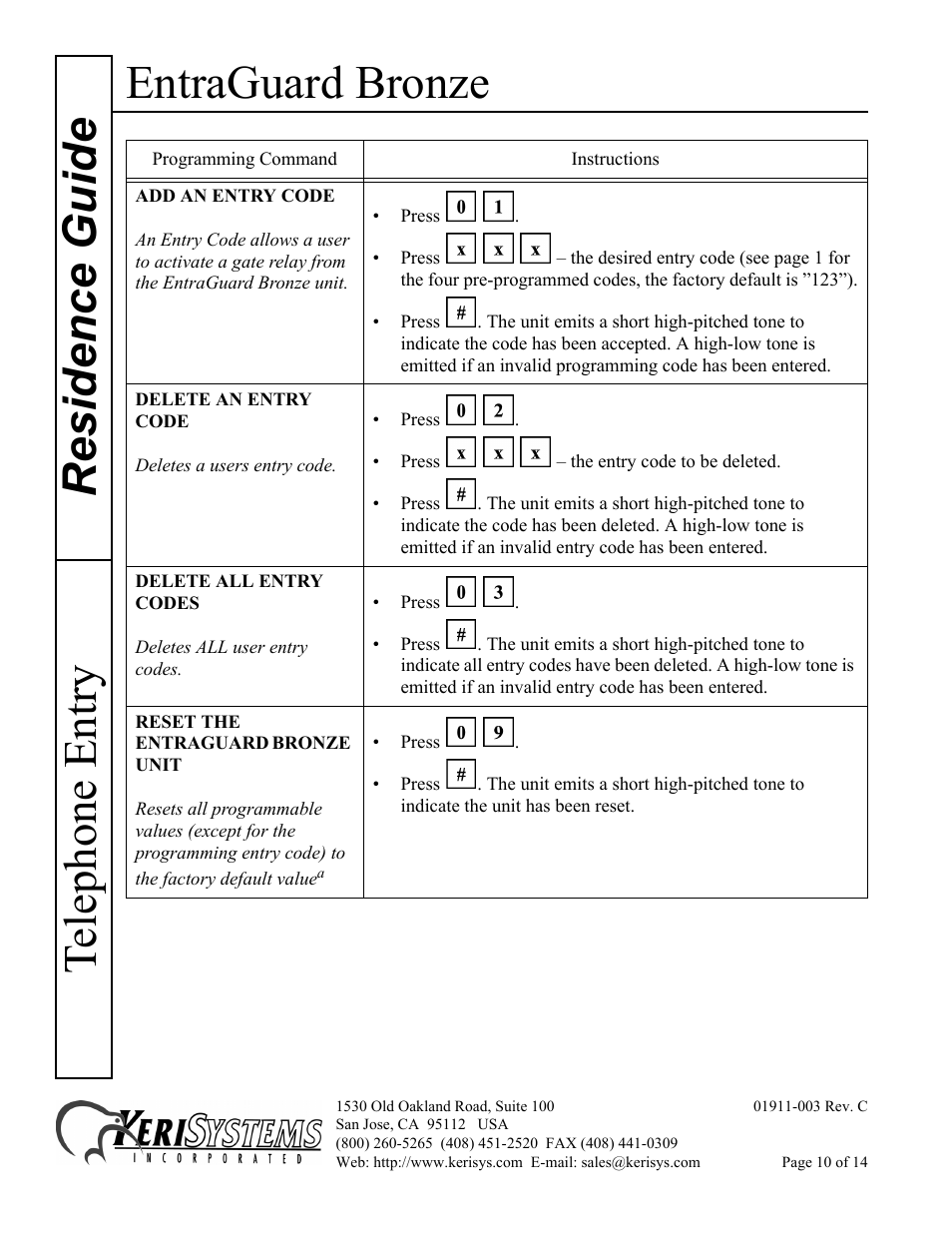 Entraguard bronze, Residence guide telephone entry | Keri Systems EntraGuard Bronze Residence Guide User Manual | Page 10 / 14