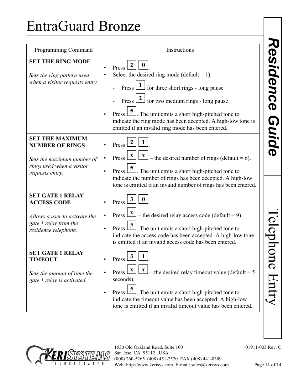 Entraguard bronze, Telephone entry residence guide | Keri Systems EntraGuard Bronze Residence Guide User Manual | Page 11 / 14