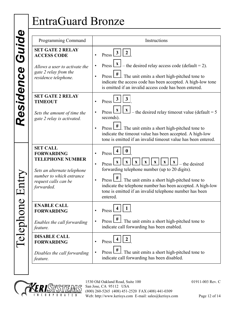 Entraguard bronze, Residence guide telephone entry | Keri Systems EntraGuard Bronze Residence Guide User Manual | Page 12 / 14